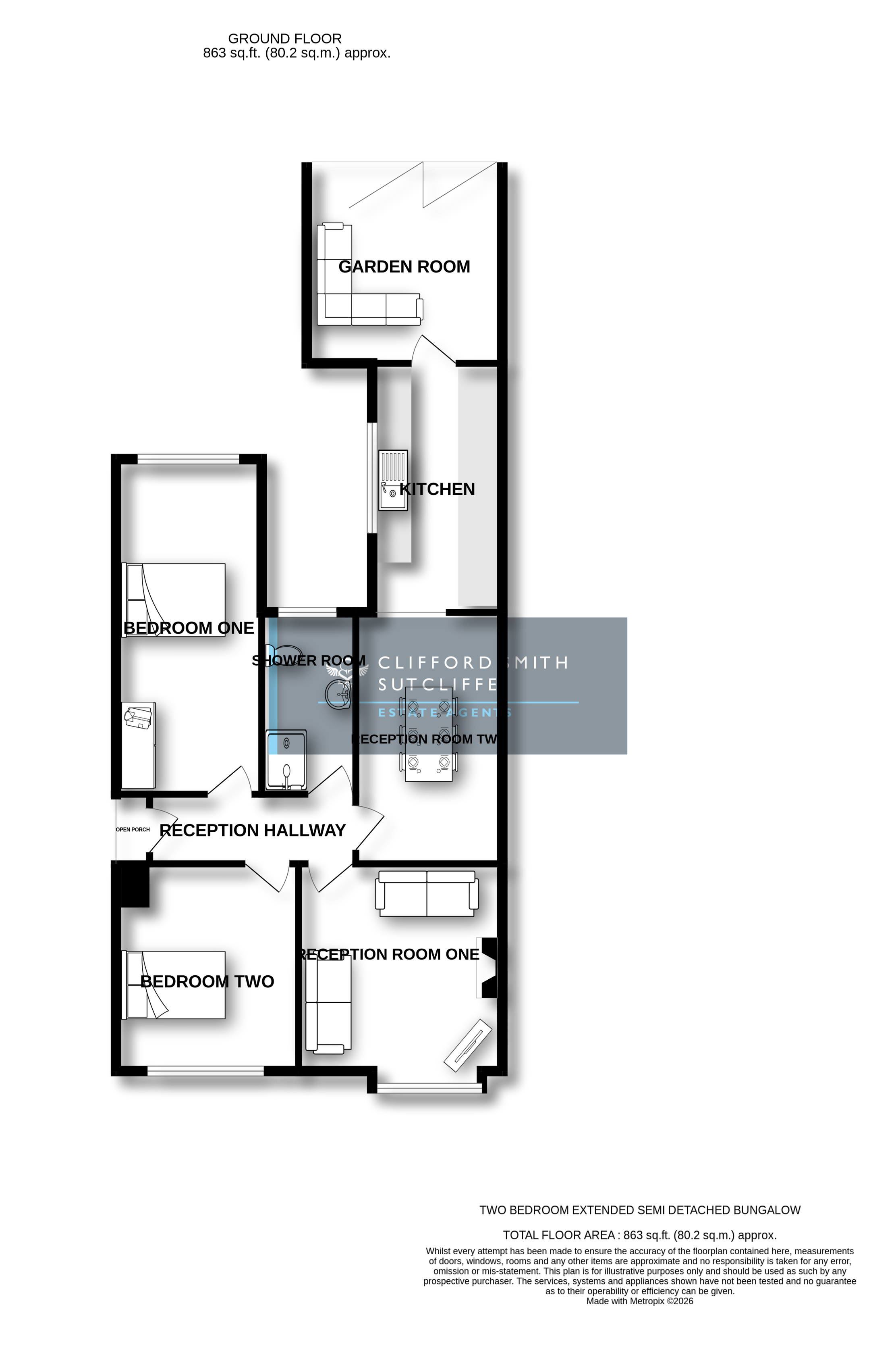 Floor Plan for Two Bedroom Extended Semi Detached Bungalow